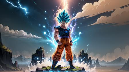 Super Saiyan Goku unleashes a massive energy wave while standing on top of a mountain, the surroundings are filled with lush greenery, and the sky is a mix of orange and purple hues. The energy wave is bright blue with electric sparks around it. (anime:1.2), (dramatic lighting:1.1), (vibrant colors:1.3), (cell-shaded:1.1), (dynamic composition:1.2) <lora:Dragon Ball_v2:0.6>,