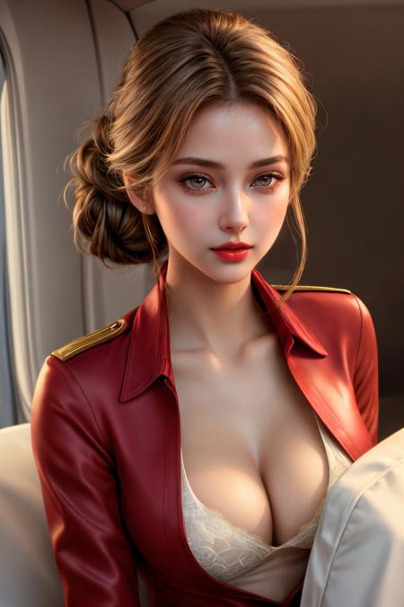 ((Best quality)), ((masterpiece)), ((realistic)), (hyperrealism:1.2), highres, masterpiece, perfect ligthing, bloom, cinematic lighting, adult, perfect skin, female, (looking at camera:1.55), realistic skin,realistic, (photorealistic:1.3), woman, soft light, perfect face, ray tracing,extremely detailed cg, High quality shadow, a realistic representation of the face, Detailed beautiful delicate face, Detailed beautiful delicate eyes, extremely detailed skin texture, tan,
big light eyes, slender, slim, ((narrow waist)),
eyeliner, red lips, small breasts,
beautiful eyes,
dressed, cleavage,
(air hostess uniform), (hair up:1.2),<lora:add_detail:1>