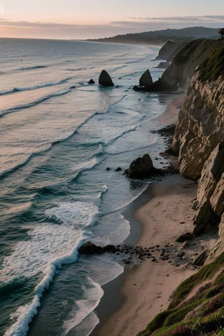 raw photo, a sunset landscape, Valdivian temperate forests coast, Chilean coast,  cozy, photorealistic, high detailed texture, 8k uhd, dslr, soft lighting, high quality, film grain, Fujifilm XT3, Sony A7 IV, highly detailed photography, (muted colors, cinematic, dim colors, soothing tones:1.2), vibrant, insanely detailed, hyperdetailed, (dark shot:1.2), (vsco:0.3), (intricate details:0.9), (hdr, hyperdetailed:1.2) (highest coherency: 1.39) (highest quality: 1.39) (rule of Thirds) (award winning) (breathtaking) (masterclass) (Playa Punta de Lobos)