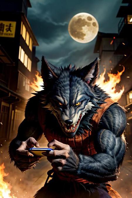 werewolf in garu form , angry , attacking screens, stockbroker, eating a mobile phone ,