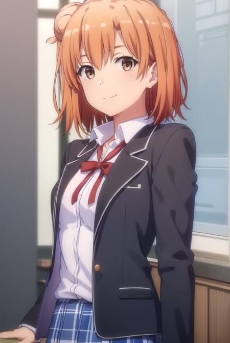 yuiyuigahama, <lora:yui yuigahama s2s3-lora-nochekaiser:1>, 
yui yuigahama, short hair, (brown eyes:1.5), (orange hair:1.2), hair bun, single hair bun, smile,
BREAK skirt, shirt, ribbon, school uniform, jacket, white shirt, black jacket, blazer, sobu high school uniform,
BREAK indoors, classroom,
BREAK looking at viewer, (cowboy shot:1.5),
BREAK <lyco:GoodHands-beta2:1>, (masterpiece:1.2), best quality, high resolution, unity 8k wallpaper, (illustration:0.8), (beautiful detailed eyes:1.6), extremely detailed face, perfect lighting, extremely detailed CG, (perfect hands, perfect anatomy),