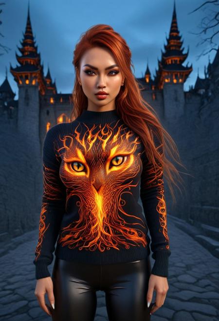 FireDarkstyle, Cambodian woman, asian features, long hair, huge boobs, small waist, fitness body, toned muscle, wide hips, An extreme photorealistic upper body shot of a cat girl with mesmerizing golden eyes and slit pupils. She has long, flowing two-tone hair, FireDarkstyle hair with striking unrealistic beauty. red lips, the skin has tiny imperfections like pores, faint freckles, and slight skin texture variations to add realism. Realistic lip texture with soft lines, slight gloss, and natural color variation. Realistically detailed tear ducts, slightly moist, enhancing the natural appearance of the eyes. Faint, barely visible veins under the eyes, adding depth and authenticity to the skin. Individually rendered eyebrow hairs with natural variation in direction, length, and thickness. Variation in hair strand thickness, with some thinner and finer than others, Gothic castle, lively, luminescent, Majestic castle, big eyes, fully dressed, (FireDarkstyle printed silksweater:1.8), (FireDarkstyle painted castle:1.4), (outdoors:2), CZC, FULL BODY, CLOTHED, hands behind the head, agile pose, dynamic pose, (action:1.6), rinami_a_xl, light brown hair, single hair bun, swept bangs, sidelocks, long hair.