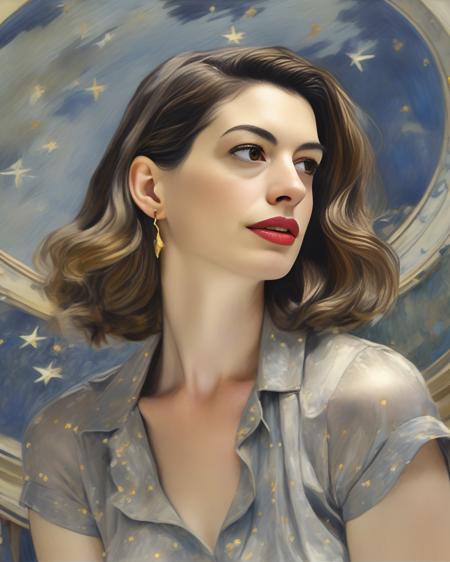 AnneHathaway, art by Dorothea Sharp, portrait, Hopeless,close up of a Middle Aged Hellenistic Girl, fashion modeling pose, from inside of a Zoo, Silver water, Stars in the sky, equirectangular 360, 50s Art, 35mm, arthouse, <lora:AnneHathawaySDXL:1>