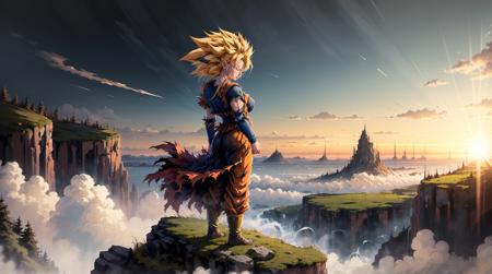 A super saiyan woman with big breasts and a determined expression stands on top of a mountain with her arms outstretched and her eyes closed. The background should be a mystical and serene landscape, with floating islands and waterfalls. The overall style should be highly detailed, realistic, and mystical, with a touch of impressionism. (masterpiece:1.2), (distinct:1.1), (highres:1.2), (high_quality:1.1), (finely_detailed:1.2), (realistic:1.1), (solo:1.2), (mystical:1.2), (impressionism:1.1), (HDR:1.2), (iso 1000:1.1)  <lora:드래곤볼:0.8>