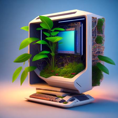 (ecocomputer style:1) a computer with a plant growing out of it <lora:djzEcoComputerV21_LoraBooth:1>