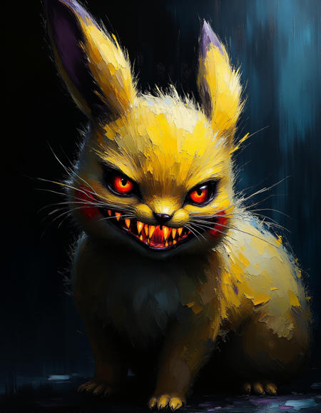 Create an impasto photo,a close up shot of a nightmare-style evil-twin-pikatchu. Evil-twin-Pikatchu evil grin, sharp teeth, becoming insane, roughed up fur, 