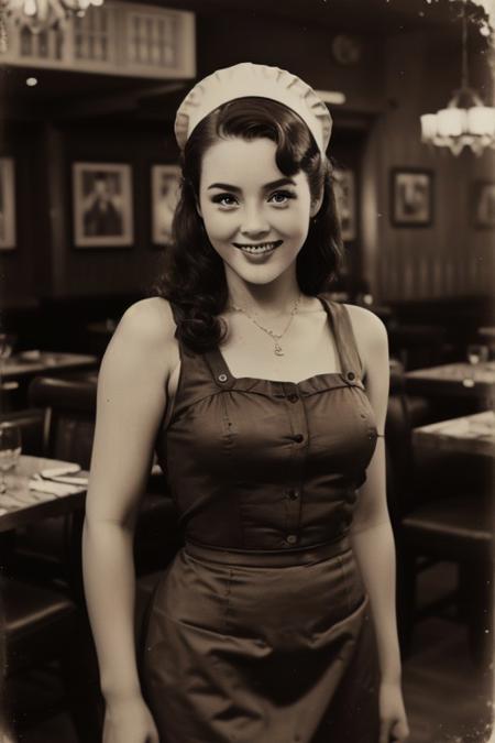 retro pin up photo , (Sepia:1.2), a waitress of Restaurant ,1950s Fashion, MAKEUP ,Shoulder out, poses in front of the camera, Hollywood Smile, realistic photo 、