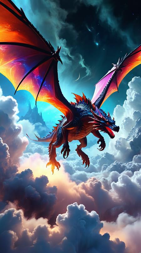 Mighty dragon, soaring above the clouds, Pulsating radiance, blustery with strong winds, dark and moody shadows, point-of-view first-person, point-of-view intimate shot, expressionist bold colors, sparkling diamond facets, futuristic holographic projections, center stage subject focus, dreamy haze softening.