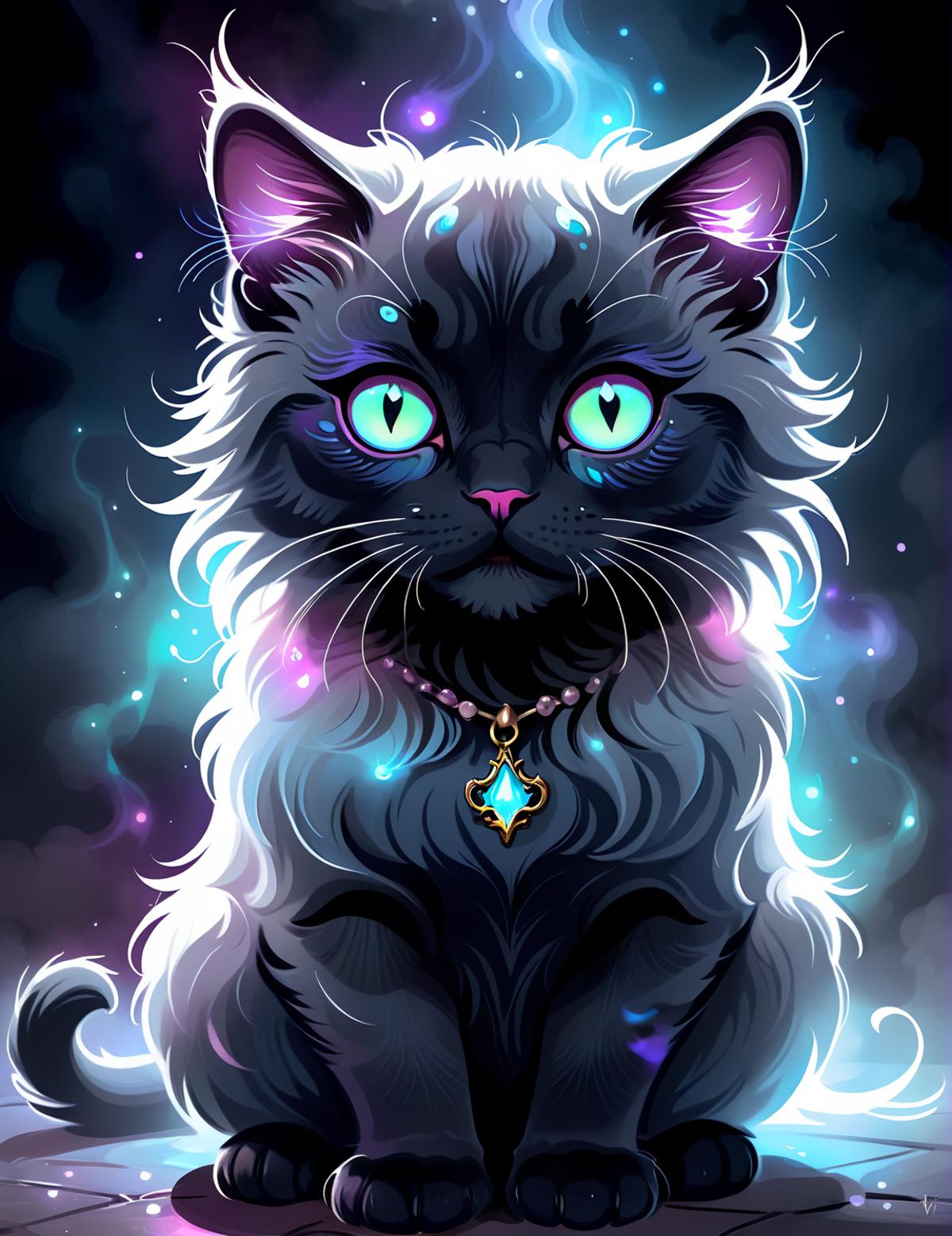 A black long-haired cat with blue eyes and a bell around its neck.