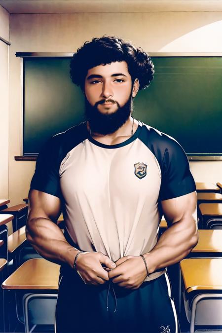 <lora:hhy-000006:.8>,portrait,upper body,athletic wear,short curly hair,black hair,black eyes,standing,classroom,smile,looking at viewer,1boy,bushy beard