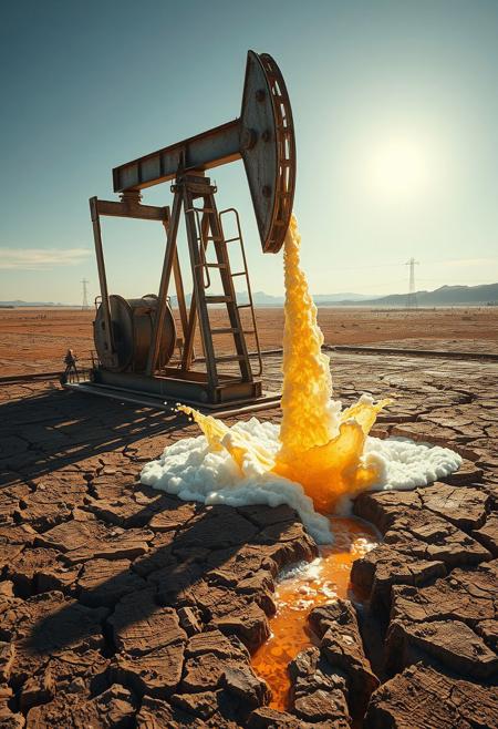 “A massive industrial oil extraction pump working tirelessly in the middle of a rugged desert landscape. Instead of crude oil, golden frothy beer gushes out from the pierced ground, splashing dramatically under the scorching sun. The scene is surreal, with foamy rivers of beer flowing through the cracked earth. The pump appears worn yet determined, its metallic arms glistening with condensation. The atmosphere is a mix of realism and absurdity, with a slightly exaggerated perspective to enhance the bizarre nature of the moment. Ultra-detailed, cinematic lighting, photorealistic textures, and a touch of painterly brushstrokes.”