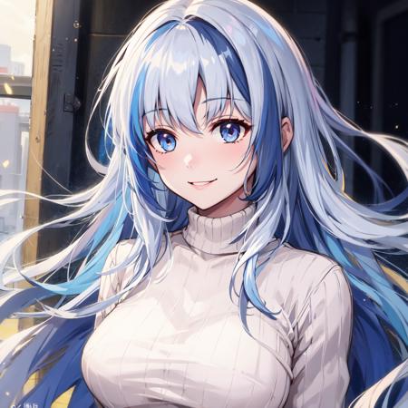 best quality, masterpiece,1girl,white hair, blue streaked hair,light smile, sweater, curtsey,long hair,