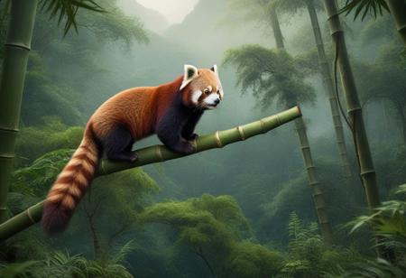 The image is a digital illustration of a mysterious and strange scene in a forest. The focal point of the image is a red panda perched high in the trees in the middle of the frame. The undergrowth is made up of bamboo. The background is filled with tall trees and ferns, creating a canopy of dense greenery. in the distance Himalayan mountain range