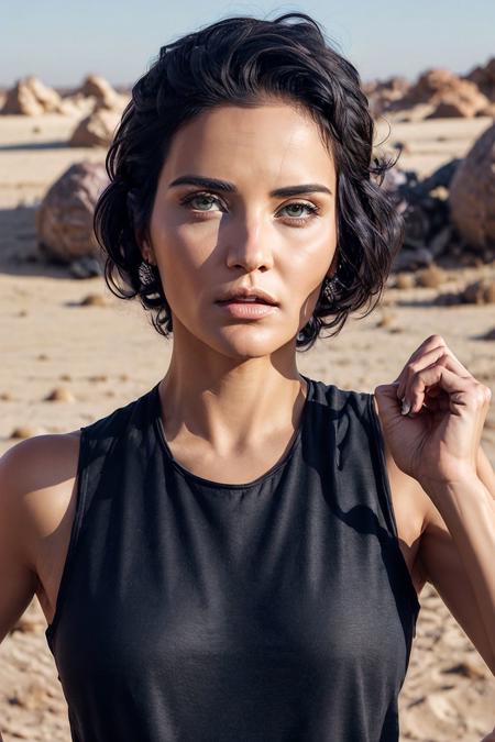 a photo of goksel,wearing a (long) tank top,standing pose in the  sahara desert sunbathing,perfect eyes,(realistic skin texture with skin pores),(nice hands,perfect hands),(curvy hips:0.5),(tanlines),close up <lora:tangbohu-detailer_1.0:1> <lyco:GoodHands-beta2:1.3> <lora:BlackStilettos:0.3><lyco:Goksel:0.7>