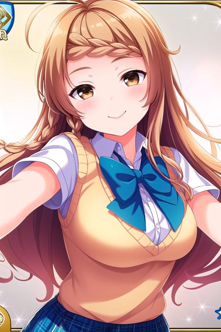 (masterpiece, best quality), highly detailed background, perfect lightingbest quality, <lora:Miyoshi-Nao:0.8>, 1girl, solo, brown hair, ahoge, braided bangs, braid, long hair, brown eyes, breasts, sweater vest, blue bowtie, white shirt, blue skirt, plaid skirt, school uniform, smile, closed mouth, pink lips.