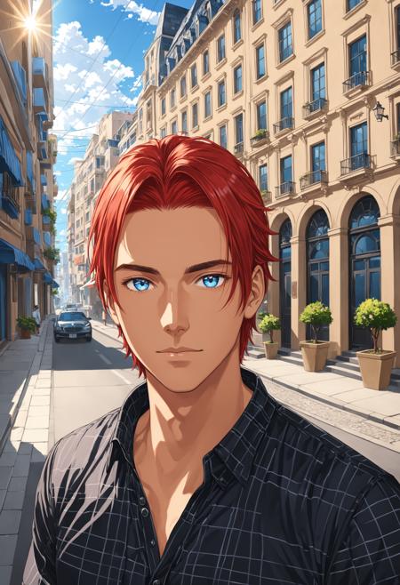 Highly detailed RAW color Photo, dynamic lighting, light bokeh, tanned skin, tan, Charlie Pe'kova, 1boy, male focus, mature male, solo, looking at viewer, short hair, blue eyes, shirt, red hair, building, extremely detailed, (highly detailed, hyperdetailed, intricate), ((DAY TIME)), (lens flare:0.7), (bloom:0.7),raytracing, detailed eyes, detailed face, , <lora:CharlieRodriguezXL:0.4>