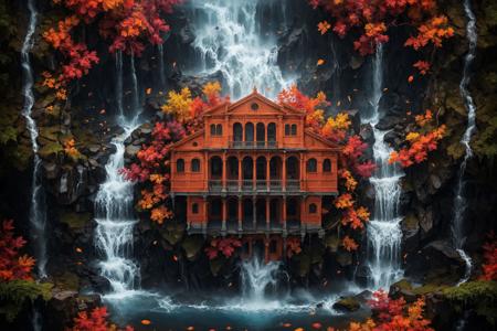 Create a surreal cinema poster titled 'Endless Reflections,' inspired by M. C. Escher. Craft an image of a mesmerizing symmetrical space with infinite reflections and waterfalls and a storm of red and orange leaves exploding, featuring impossible architectural elements. Immerse viewers in a realm of endless wonder with labyrinthine structures and optical effects, captured with soft, even lighting to accentuate the reflections. Use settings: f/4 aperture, 1/125 sec shutter speed, and ISO 400. <lora:xl_more_art-full_v1:1> <lora:sdxl_photorealistic_slider_v1-0:-2>  <lora:add-detail-xl:7>, (vibrant colors:2)