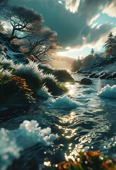 (ultra high res:1.4), (masterpiece), (beautiful lighting:1.4) ,Scottish  greenery, Scottish river, icy water water, forest,   Scottish Highlands, sunlight illuminates the icy water, (deep underwater), anime, half above water and half below water , (clear underwater), beautiful sky with clouds,  depth, GhostlyStyle