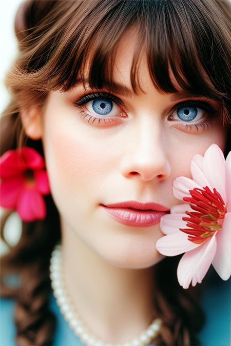 a photoshoot of Z00eyD, a woman, hipster blue dress, flower in hair, detailed blue eyes, wide open eyes, closeup, grainy film photograph, pearl necklace,enlarged pupils, seductive