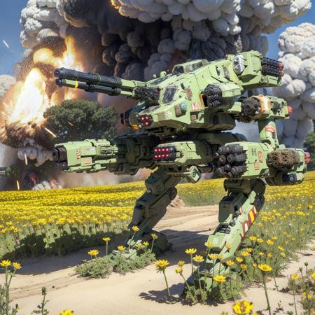 <lora:mechav3_lora_47700:1>, (photorealistic:1.4), mecha28, mecha, robot, no humans, flower, field, yellow flower, missile pod, cockpit windows, realistic, green skin, standing, gatling gun, shoulder cannon, firing, aircraft, tank, fire, helicopter, explosion, damage