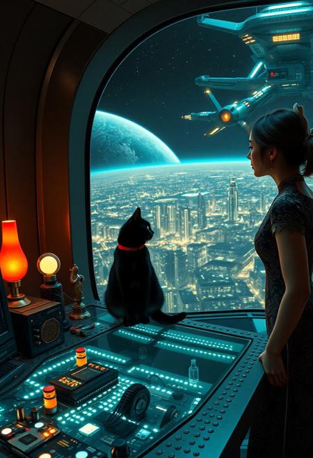 A sleek black cat with red collar sits on a cluttered metal riveted desk with transparent top and micro-LED lighted computer components visible inside, On the desk are a maneki neko statue and a lava lamp, the Black Cat is looking out of a seamless and futuristic floor to ceiling window that looks out at a planet from low orbit, the planet is covered with the lights of enormous buildings and cities, (((a beautiful woman, 24 years old, is standing next to the desk the cat is sitting on and looking longingly out the window, the woman is dressed in an ornate elegant Chinese style dress. An enormous deco-cyberpunk starship with futuristic lighting and an enormous space station are visible in the background among the stars, The woman's hair is elegantly tied up with a ribbon. Artistic cyberpunk, dynamic perspective, (((overall architectural aesthetic is Art Deco Cyberpunk))).  Epic image that elicits a feeling of wonder and awe,