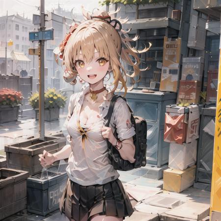 masterpiece, best quality, highres, (1girl), solo, blonde hair, medium hair, asymmetrical hair, floating hair, hair between eyes, high ponytail, sidelocks, orange eyes, open mouth, smile, teeth, upper teeth only, choker, red choker, pendant choker, butterfly choker, collarbone, tattoo, chest tattoo, flower tattoo, cleavage, medium breasts, thighs, school uniform, backpack, in a street