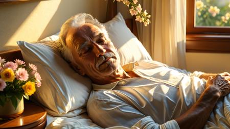 an elderly man peacefully lying in bed,warm soft sunlight streaming through the window,quiet and serene room,delicate flowers on the bedside table,the man's face showing peace,calm,and contentment,soft lighting,golden sunlight,cozy atmosphere,gentle shadows,a sense of love and respect in the air,symbolizes the beauty of life's final moments,calm expression,gentle wrinkles,relaxed posture,soft bed linens,peaceful morning light,warm tones,harmonious composition,a sense of completion and fulfillment,(masterpiece:2),(best quality:1.1),ultra highres,original,extremely detailed,perfect lighting,<lora:add-detail-xl:1>,<lora:detailed_notrigger:1>,<lora:xl_more_art-full_v1:0.8>,<lora:MJ52_v2.0:0.5>,