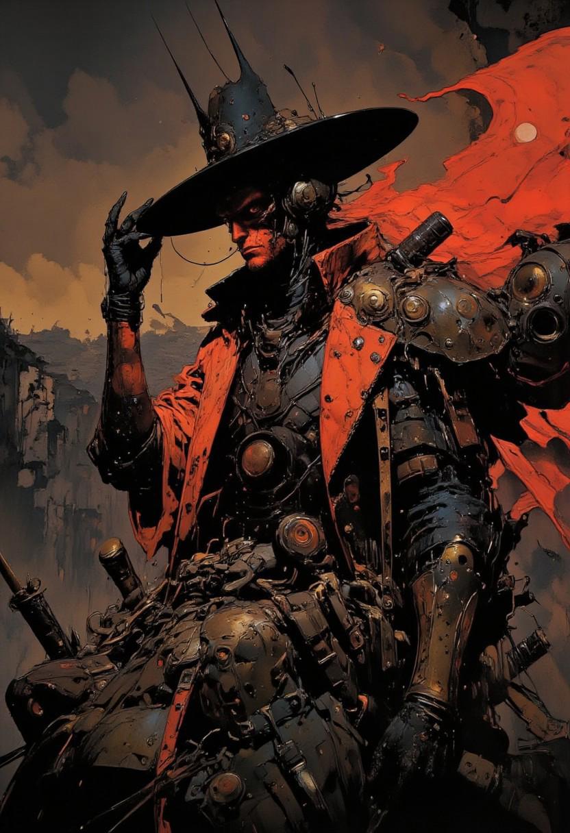 The Witch Smeller, perched atop a hill at dusk, scans the horizon for signs of witchcraft. The setting sun casts her imposing shadow far and wide, the silhouette of her hat and mask iconic against the fading light. Her lips, painted a fierce red, whisper incantations for protection., 
in the style of the decaying empire of Würstreich, dark magic and grotesque creatures abound, inspired by Sean Aaberg's punk aesthetic, dark fantasy world combines grim landscapes with vibrant, exaggerated colorful art, heroes skirmish monstrous foes in a setting where rebellion, decay, and mysticism intertwine, crafting a unique, immersive vibe
<lora:Fluorescentizer FLUX B:0.7>,<lora:detailed_v2_flux_ntc:0.3>,<lora:flux.1_lora_flyway_Epic-detail_v2:1>,<lora:Cyber_Samuraji:0.3>,<lora:Mangaka_3012:0.7>,Mangaka style,<lora:Luminous_Shadowscape:0.3>,