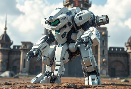 Analyze the image of the Barbaroid, the Ultimate Battle Machine, against the Meklord Fortress background. Identify its dominant color scheme (predominantly white with blue/green accents), mechanical features (camera head, gun-armed arms, engine at the back), and artistic style (4K resolution, Octane Render, Raphael/Houdini influence). Highlight the balance between its Max Metalmorph classification and collectible detail. Note the background's role in emphasizing the Barbaroid's isolation and the use of techniques like isometric perspective, dynamic lighting, and splash ink illustration. Ensure clarity, avoid repetition of "Barbaroid, the Ultimate Battle Machine," and structure your response with bullet points for key observations, technical specifications, and thematic significance. Keep the analysis focused on visual and stylistic elements, adhering to a medium-length output