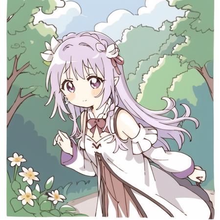 1girl, bangs, bare_shoulders, blue_sky, blunt_bangs,braid, breasts, bush, closed_mouth, cloud, cloudy_sky, crown_braid, day,detached_sleeves, emilia_\(re:zero\), eyebrows_visible_through_hair, flower, forest, garden, gem, grass, hair_flower, hair_ornament, hair_ribbon, house, long_hair, looking_at_viewer, nature, outdoors, park, path, pointy_ears, purple_eyes, purple_ribbon, ribbon, road, silver_hair, sky, smile, solo, tears, tree, white_flower, x_hair_ornament <lora:namoriv3-000006:1>