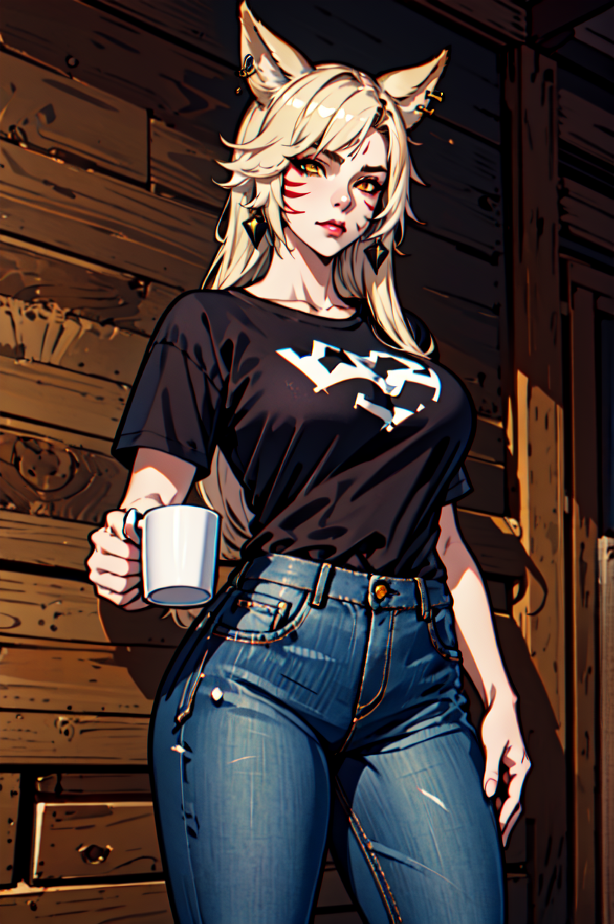 1 girl, solo, large breasts, HoldingACupofCoffee,tshirt, jeans,  Simple-Miqote