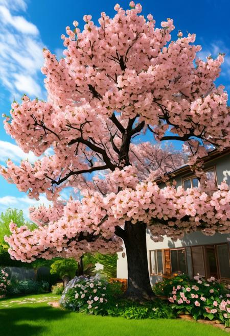 real, realistic cherry tree, with many flowers, in an house garden, massive, realistic sky,