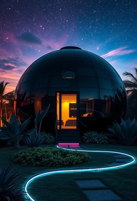 Prompt: Exterior of a futuristic solarpunk black sphere House with sleek, angular lines and reflective glass surfaces that refract and bounce light, set against a backdrop of a vibrant, starry night sky with subtle, wispy clouds, surrounded by lush, neon-lit foliage and a winding, LED-lit pathway that curves around the structure, with a subtle glow emanating from within, giving a sense of otherworldly technology and innovation, with a hint of mystique and sophistication.