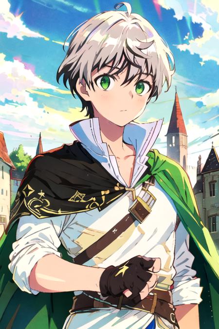 masterpiece, best quality, , 1boy, solo, male focus, looking at viewer, upper body, depth of field, <lora:rein_shroud:0.72>, rein_shroud, grey hair, green eyes, multicolored hair, two-tone hair, black hair, muscle shirt, , A dark, foreboding castle where a wicked queen reigns,