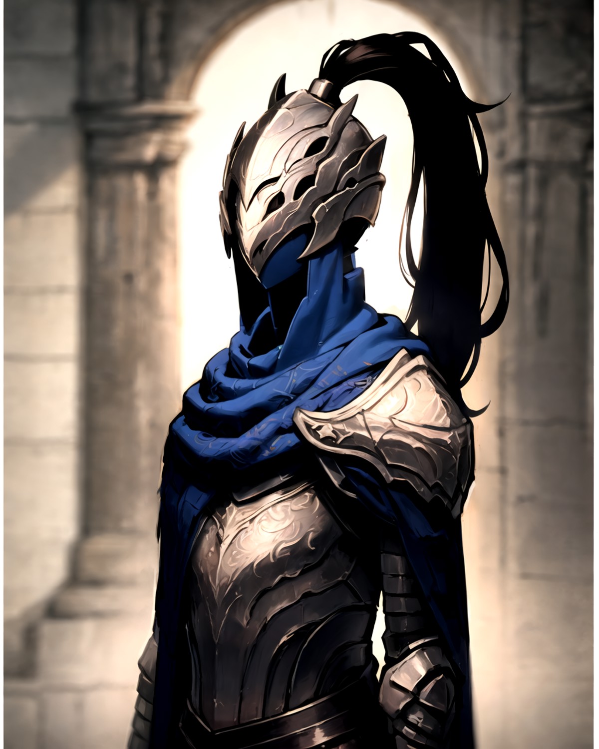 1girl, upper body, detailed face, knight, helm, ponytail , cloak, <lora:Artorias:0.8>, night,