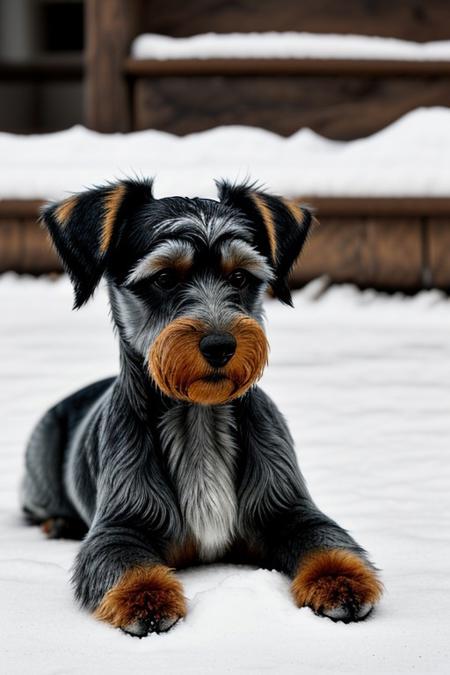 Miniature Schnauzer, Sultans, Snowy, Wide view, Movie still ,8k, masterpiece, best quality, hyperrealistic, superrealistic, photorealistic, ultra sharp, 16 bit colors, highres, photo portrait, professoinal photography, sharp focus
