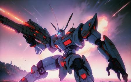 (1980's sci-fi anime style)+++ cinematic action scene screenshot of a white combat mecha in battle (aiming a hypercannon)+, epic composition, 1robot, combat stance, smoke, particles