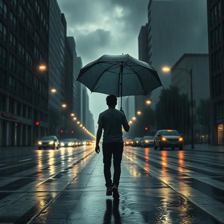 A young man walks down a wet street under a stormy sky, his footsteps echoing in the empty street. In the distance, traffic lights flash like mirages, emphasizing his loneliness. He carries a huge parachute-like umbrella, as if trying to protect himself from an emotional storm. Dark city and stormy sky as a symbol of inner struggle, conflict of feelings that are about to explode. The style is expressionism, gloomy colors, emphasis on the details of the rain and the umbrella.
Translated with DeepL.com (free version)