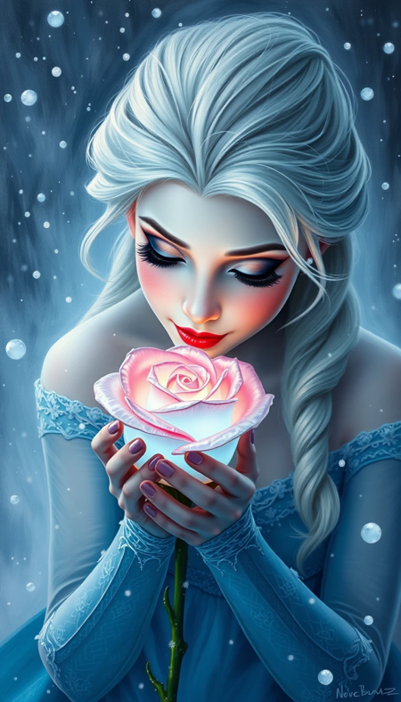 masterpiece, high quality, Oil Painting, Hyper-realistic, hyper-detailed oil painting of Princess Elsa dressed in her iconic icy blue gown, leans gently over a glowing rose made entirely of delicate glass. The BioInk provided blue glow to the rose.The rose illuminates her face with a soft, ethereal light. Elsa has white hair, pale white skin, and deep blue eyes. Around her, a fierce snowstorm rages, with snowflakes swirling and dancing in the cold, biting wind. Elsa's expression is one of awe and tenderness as she gazes at the enchanting rose amidst the storm. Hyper-Detailed, soft colorful blending , ultra detailed, romantic, Oil paint with visible brush strokes, dry brush painting, novuschroma, in the style of Rembrandt. vantablack