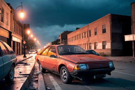 analog gloomy photo of a red Renault Fuego car, <lora:fu3g0:1>, (crashing other cars in a race to the death in the city (at night)), urban street ruins in the background, apocalyptic war, fire in the back, (nighttime), High Detail, Sharp focus, ((photorealism)), flares, realistic, best quality, 8k, award winning, dramatic lighting, epic, cinematic, masterpiece, depth of field