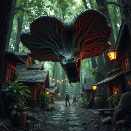 (masterpiece sci-fi dark gritty hyperrealisitic security cam footage 8k)  fungi capibara zombie thing attacking a cozy perfect forest town, menacingly close up,   atmospheric lighting, dappled light forest