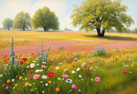 Painterly styled in the 1880s. Spring scene. Colorful flower field, green grass, with lush trees.