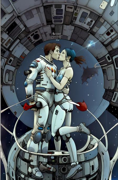 a flying couple kissing in a spaceship without gravity <lora:vor_enki.v2.lora:0.8>