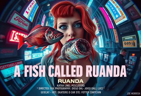 **“A captivating and surreal movie poster for A Fish Called Ruanda, a futuristic B-movie thriller with a girly, campy twist. The scene is viewed through the exaggerated distortion of a fish-eye 12mm cinema prime lens, pulling the viewer into the chaotic, neon-soaked dystopian cityscape. Front and center is the main actress, Katarina Pesceallegro, a striking redhead with a mix of glamour and danger in her expression. Floating ominously nearby is a grotesque, decaying fish, symbolizing the ‘very rotten climax.’
The poster includes bold, retro-futuristic typography for the title A Fish Called Ruanda, with the subtitle in Polish beneath it. The credits at the bottom feature:
	•	Directed by: Max Morrison
	•	Director of Photography: Diego Dalla Luce
	•	Edited by: JOE “FINAL CUT” Switcho
	•	Main Actress: Katarina Pesceallegro
	•	Co-Starring: JOE FISH
	•	With the Cameo of: STEWEN SEAGULL
The design blends neon tones, gritty textures, and campy B-movie flair, making it a trendsetting cinematic experience that teases its quirky, action-packed storyline.”**