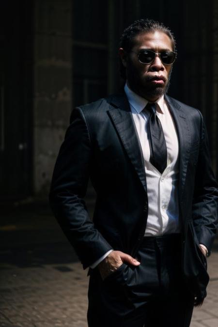 (analog photo) of a (fit gangster gorilla) wearing a black suit with a white shirt and black tie and wearing black Rayban style sunglasses, serious face,  (hands in pockets, confident posture,) masterpiece, Fine art photography, award winning photography