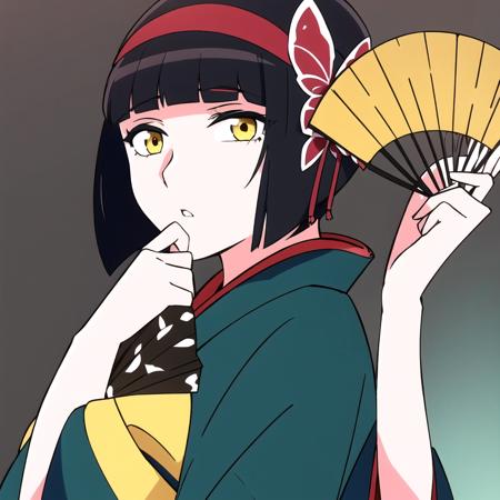 1girl, black hair, parted lips, japanese clothes,blunt bangs, japanese clothes, kimono,egasumi, yellow eyes, red hairband,short hair, butterfly hair ornament, <lora:MioAdvanched:0.6>, upper body, expressionless, Fan, <lora:UnlimitedBladeWorksV1:1>