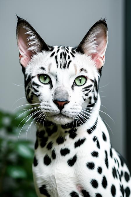 RAW photo, 1 cat, cat dalmatian, white hair with black dots, far away, very long shot, (high detailed skin:1.2), 8k uhd, dslr, soft lighting, high quality, film grain, Fujifilm XT3