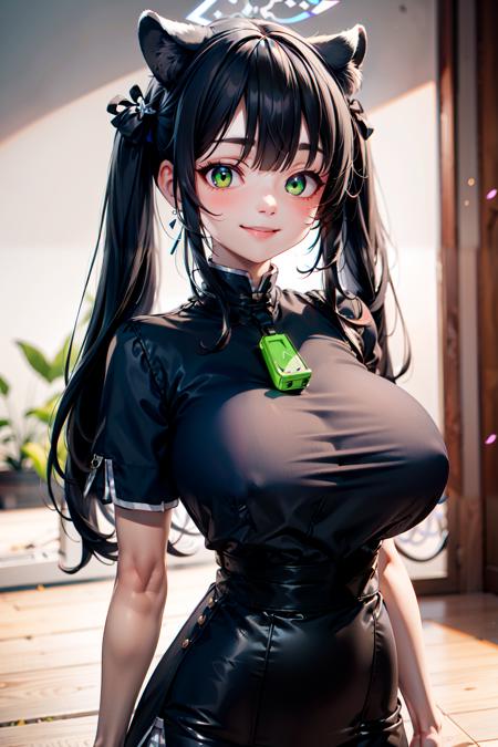 zzShun, black hair, long hair, animal ears, green eyes, tiger ears, halo, animal ear fluff, twintails, tiger girl, extra ears, black dress, black footwear, china dress, shoes, short sleeves, white thighhighs, blunt bangs,