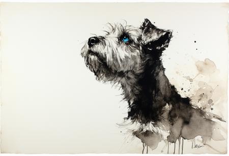 Ink art, watercolour sketch: Extreme low-angle, scruffy ink-stained terrier yearning upward. Hopeful cerulean blue eyes, focal point, gaze into parchment-textured void, subtle watercolour washes. Arthur Rackham's intricate ink, Egon Schiele's expressive contours; delicate cross-hatching, bleeding washes. Monochromatic sepia, charcoal. Subtle chiaroscuro on rough fibrous paper. Poignant longing; faint ink splatters, abstract watercolour wisps hint at unseen sky.