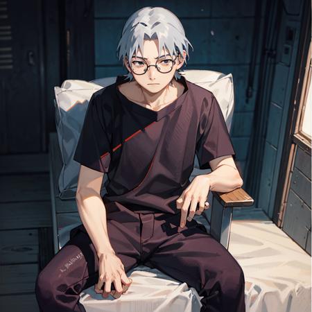 Yakushi_Kabuto, 1boy, solo, hospital background, expressionless, black empty eyes, sitting on hospital bed, black jeans